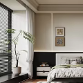 Modern Bedroom Interior Design With Bed Nightstands Table Lamp Artworks Green Plant And Striped Rug