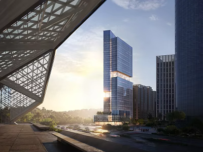 Modern Glass Curtain Wall Office Building With Urban High Rise Landscape And Sunlight 3d model