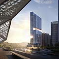 Modern Glass Curtain Wall Office Building With Urban High Rise Landscape And Sunlight