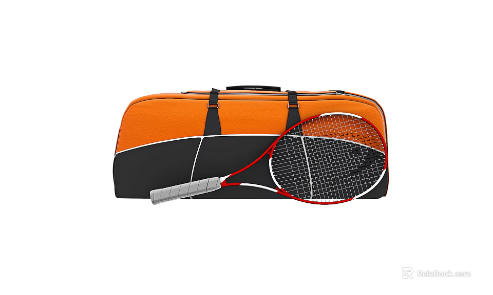 Sports Equipment Including Orange Black Sports Bag And Red Frame Badminton Racket 3d model 