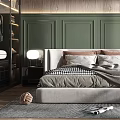 Modern Bedroom Interior Design With Green Paneled Wall Wooden Accents Upholstered Bed And Area Rug
