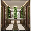 Modern Public Restroom Interior Design With Marble Walls Living Plant Walls And Washbasins