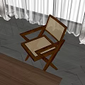 Modern Accent Chair With Wooden Frame And Rattan Seat On Herringbone Wood Flooring