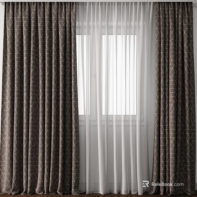 Brown Curtains With Geometric Pattern And Sheer White Panels By Window 3d model 