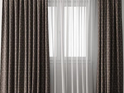Brown Curtains With Geometric Pattern And Sheer White Panels By Window 3d model