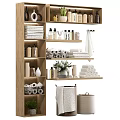 Laundry Essentials On Shelves With Towels Soap Bottles Storage Baskets Toilet Paper And Green Plants