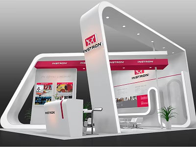 HASTORY Exhibition Booth Modern White Red Design With Reception Desk Display Walls And Green Plant 3d model
