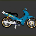 Stylish Blue Motorcycle With Black Seat Yellow Wheels Silver Exhaust And Colorful Decals