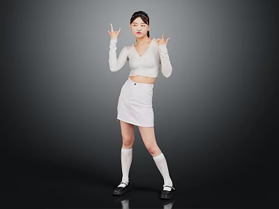 Stylish White Top And Short Skirt Outfit With White Long Socks And Black Shoes 3d model