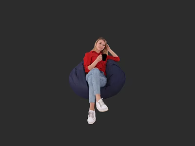 Woman In Red Top Light Blue Jeans White Sneakers On Bean Bag Chair With Phone 3d model