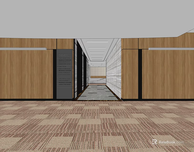 Modern Office Front Desk Reception With Wooden Walls Carpeted Corridor And Ceiling Details 3d model 