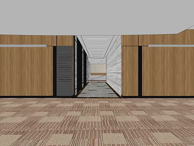 Modern Office Front Desk Reception With Wooden Walls Carpeted Corridor And Ceiling Details 3d model