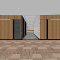 Modern Office Front Desk Reception With Wooden Walls Carpeted Corridor And Ceiling Details