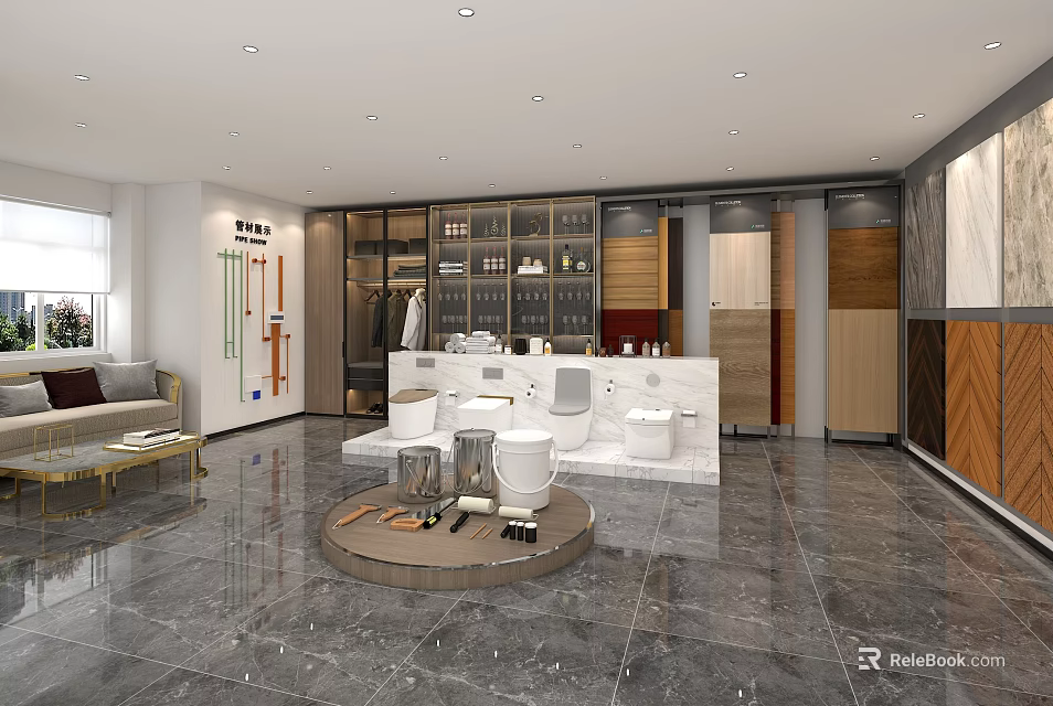 Store Front Desk With Marble Countertop And Toilet Samples In Modern Showroom 3d model 