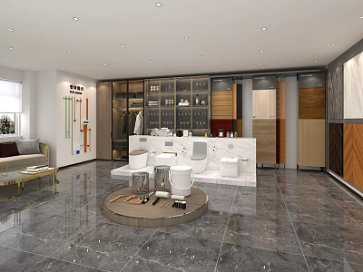 Store Front Desk With Marble Countertop And Toilet Samples In Modern Showroom 3d model
