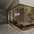 Modern Hotel Corridor With Wooden Screens Green Plants Pendant Lights And Marble Floor