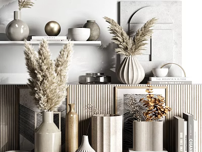 Modern Minimalist Decorative Ornament Collection With Vases Dried Pampas And Neutral Shelf 3d model