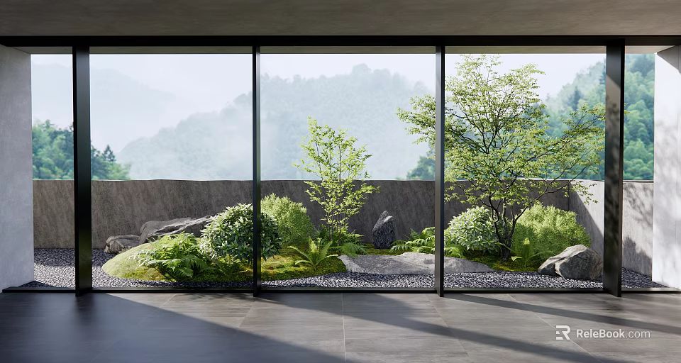 Home Balcony Design With Floor To Ceiling Windows Green Plants Rocks Moss And Mountain View 3d model 