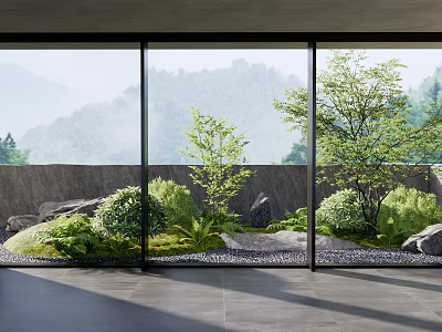 Home Balcony Design With Floor To Ceiling Windows Green Plants Rocks Moss And Mountain View 3d model