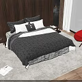 Bedroom Interior With Double Bed Wooden Wall Dark Quilt Light Pillows Nightstand Lamp Sea View