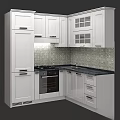 Modern Kitchen With White Cabinets Black Countertop And Patterned Tiled Backsplash 3d model