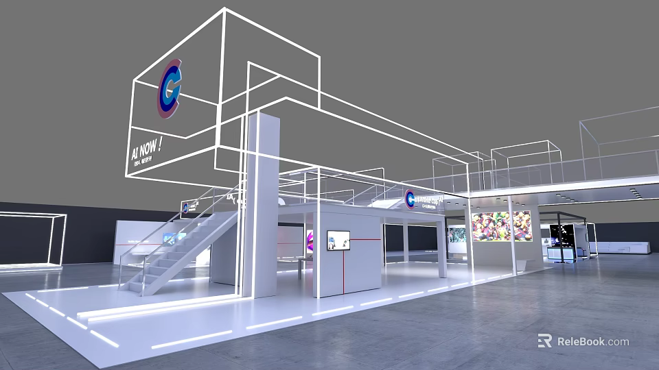 Modern Exhibition Booth Design Featuring White Frame Illuminated Lines Company Logo Stairs And Display Screens 3d model 