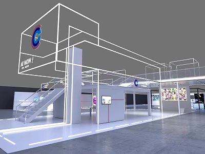 Modern Exhibition Booth Design Featuring White Frame Illuminated Lines Company Logo Stairs And Display Screens 3d model