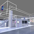 Modern Exhibition Booth Design Featuring White Frame Illuminated Lines Company Logo Stairs And Display Screens