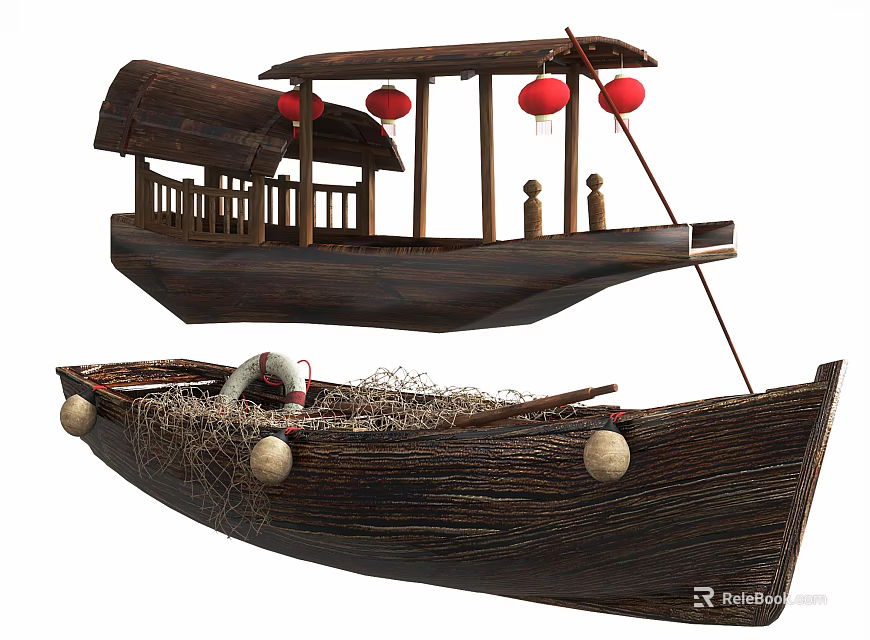 Traditional Wooden Boats Featuring Red Lanterns Fishing Net and Buoys Decor 3d model 