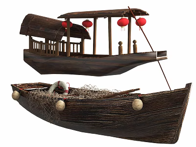 Traditional Wooden Boats Featuring Red Lanterns Fishing Net and Buoys Decor 3d model