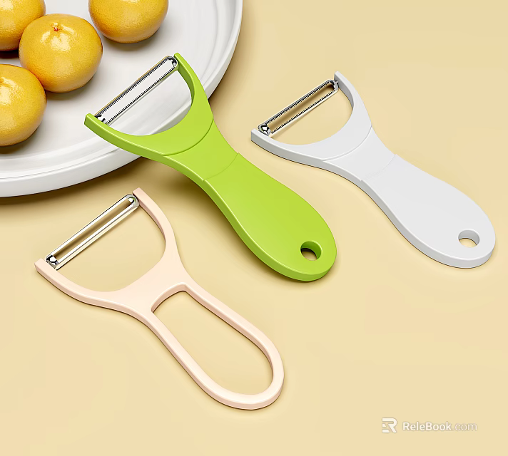 Colorful Kitchen Peelers in Green White Pink With Fresh Citrus Fruits on Plate 3d model 