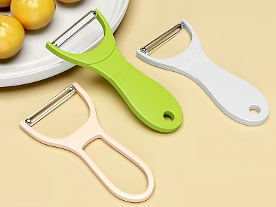 Colorful Kitchen Peelers in Green White Pink With Fresh Citrus Fruits on Plate 3d model