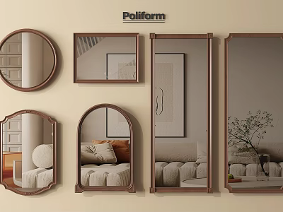 Various Shaped Wall Mirrors With Wooden Frames For Living Room Interior Design 3d model