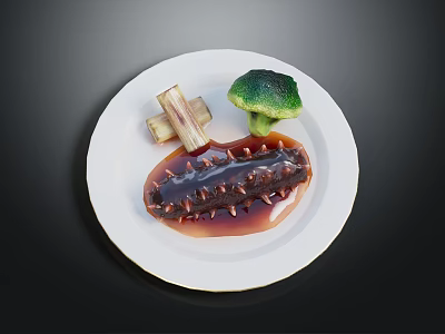 Tasty Sea Cucumber Dish with Broccoli Yam and Savory Sauce on White Plate 3d model