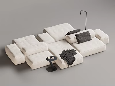 White Multi Person Sectional Sofa with Modular Design Black Blanket Small Table Modern Living Room 3d model