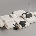 White Multi Person Sectional Sofa with Modular Design Black Blanket Small Table Modern Living Room