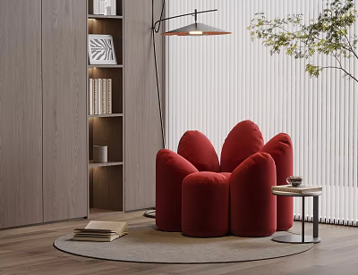 Unique Red Single Sofa In Living Room With Wooden Bookshelf Floor Lamp And Side Table 3d model