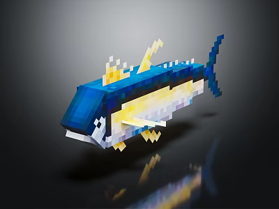 Pixel Style Fish Shaped Doll with Blue Yellow White Colors and Reflection 3d model