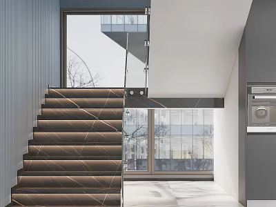 Bright Modern Interior With Marble Staircase Glass Railing And Large Windows 3d model