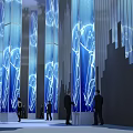 Modern Blue Light Columns Interior With Abstract Patterns And People Walking 3d model