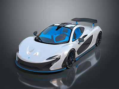 Modern White Sports Car With Blue Interior Transparent Roof Black Rear Wing And Black Wheels 3d model