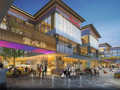 Elegant Modern Commercial Street With Glass Facades Wooden Structures And Outdoor Gathering Spaces 3d model