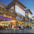 Elegant Modern Commercial Street With Glass Facades Wooden Structures And Outdoor Gathering Spaces
