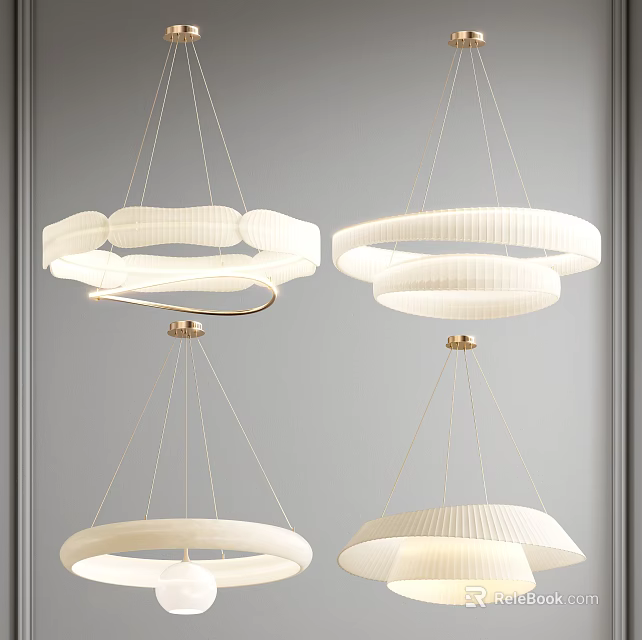 Modern White Circular Chandeliers With Pleated Texture And Metal Hanging Fixtures 3d model 