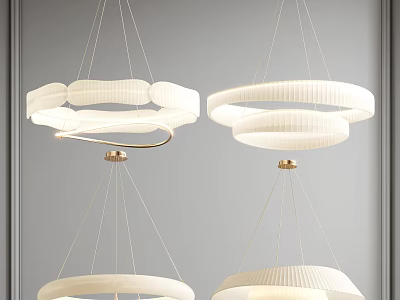 Modern White Circular Chandeliers With Pleated Texture And Metal Hanging Fixtures 3d model