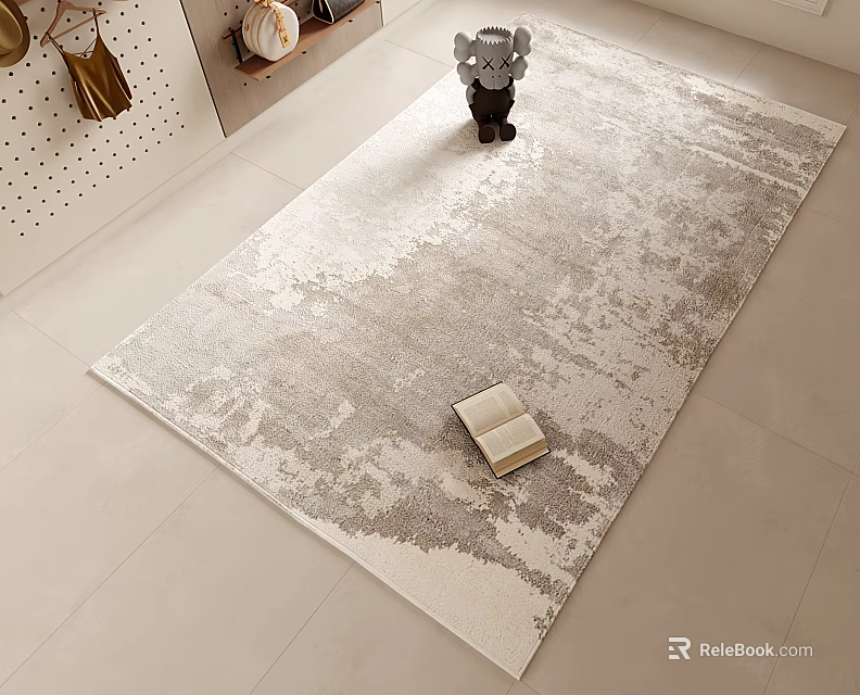 Minimalist Square Rug With Gray White Texture On Floor Featuring Stuffed Elephant And Open Book 3d model 