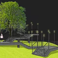 Outdoor Lights Illuminating Garden Staircase With Railing And Tree In Grassland