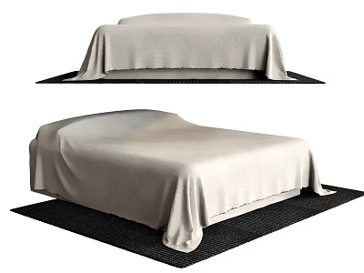 Two Views of Double Bed Covered with Light Colored Bedspread on Black Carpet 3d model