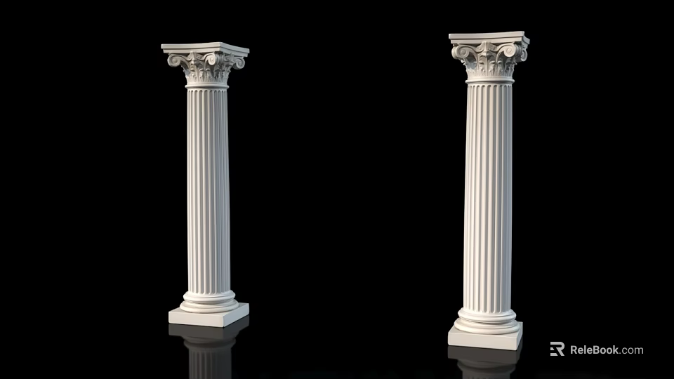 White Classical Columns With Ornate Capitals Fluted Shafts And Pedestal Bases Against Black Background 3d model 