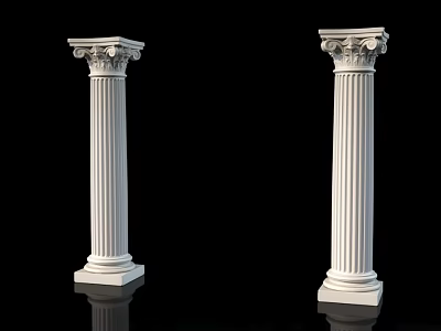 White Classical Columns With Ornate Capitals Fluted Shafts And Pedestal Bases Against Black Background 3d model